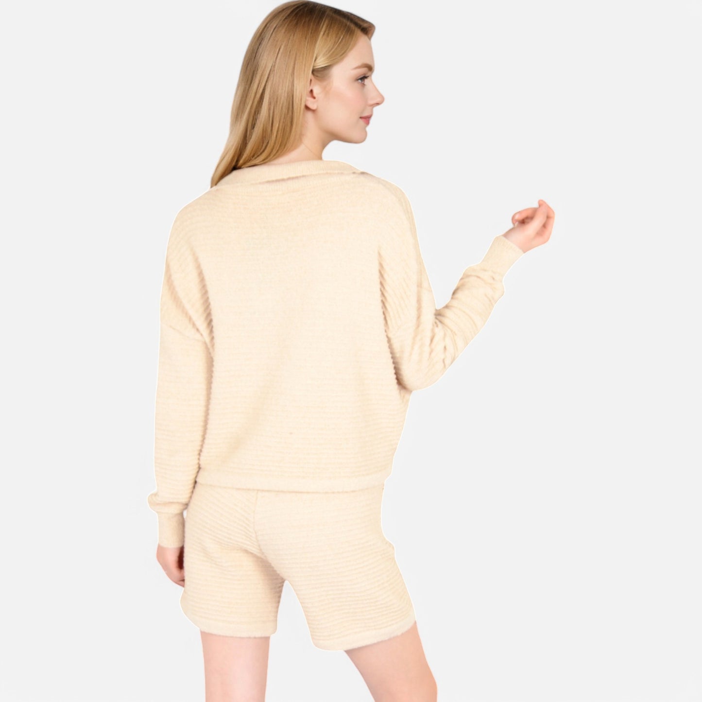 Anna-Kaci Women's Textured Long Sleeve Pullover and Shorts Set with Collared Neckline