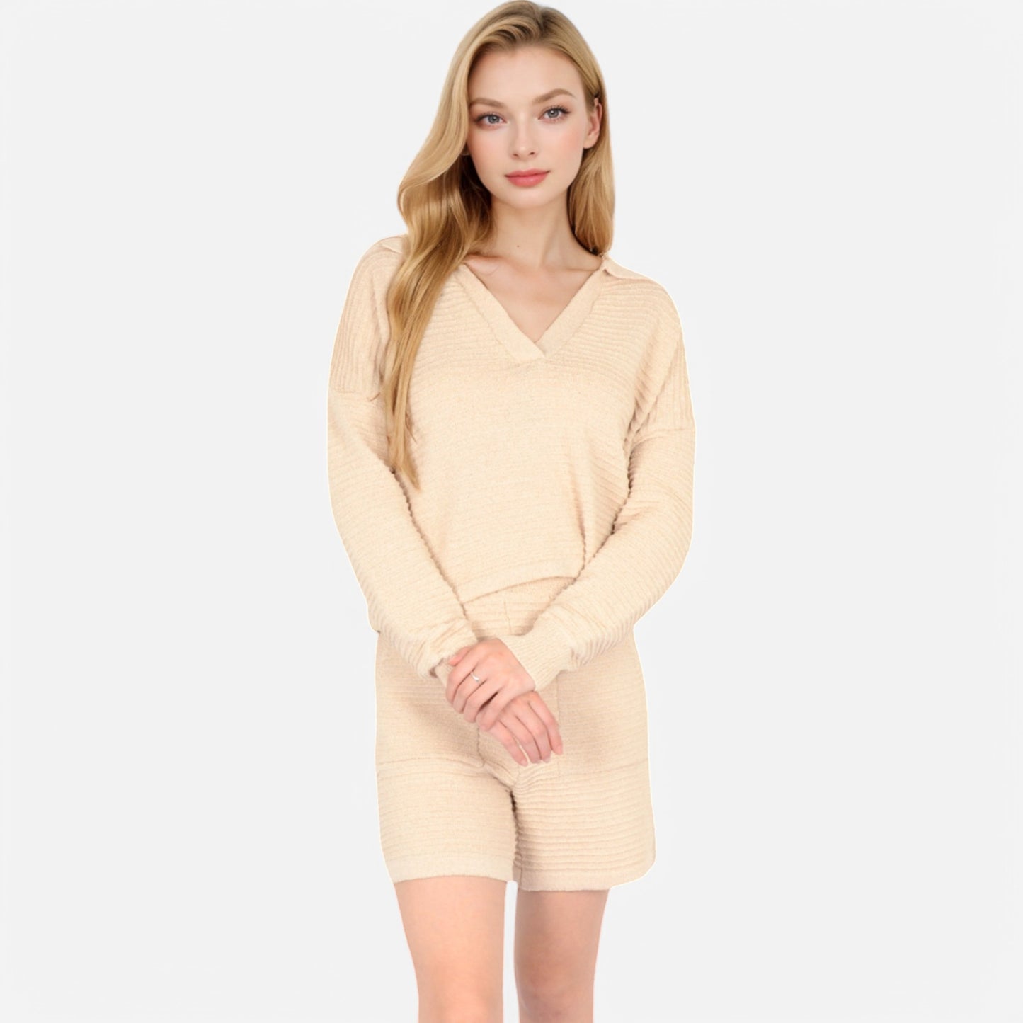 Anna-Kaci Women's Textured Long Sleeve Pullover and Shorts Set with Collared Neckline