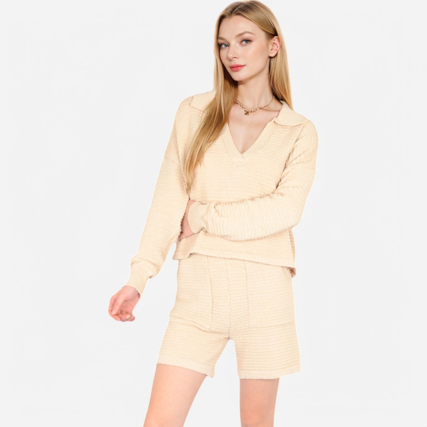Anna-Kaci Women's Textured Long Sleeve Pullover and Shorts Set with Collared Neckline