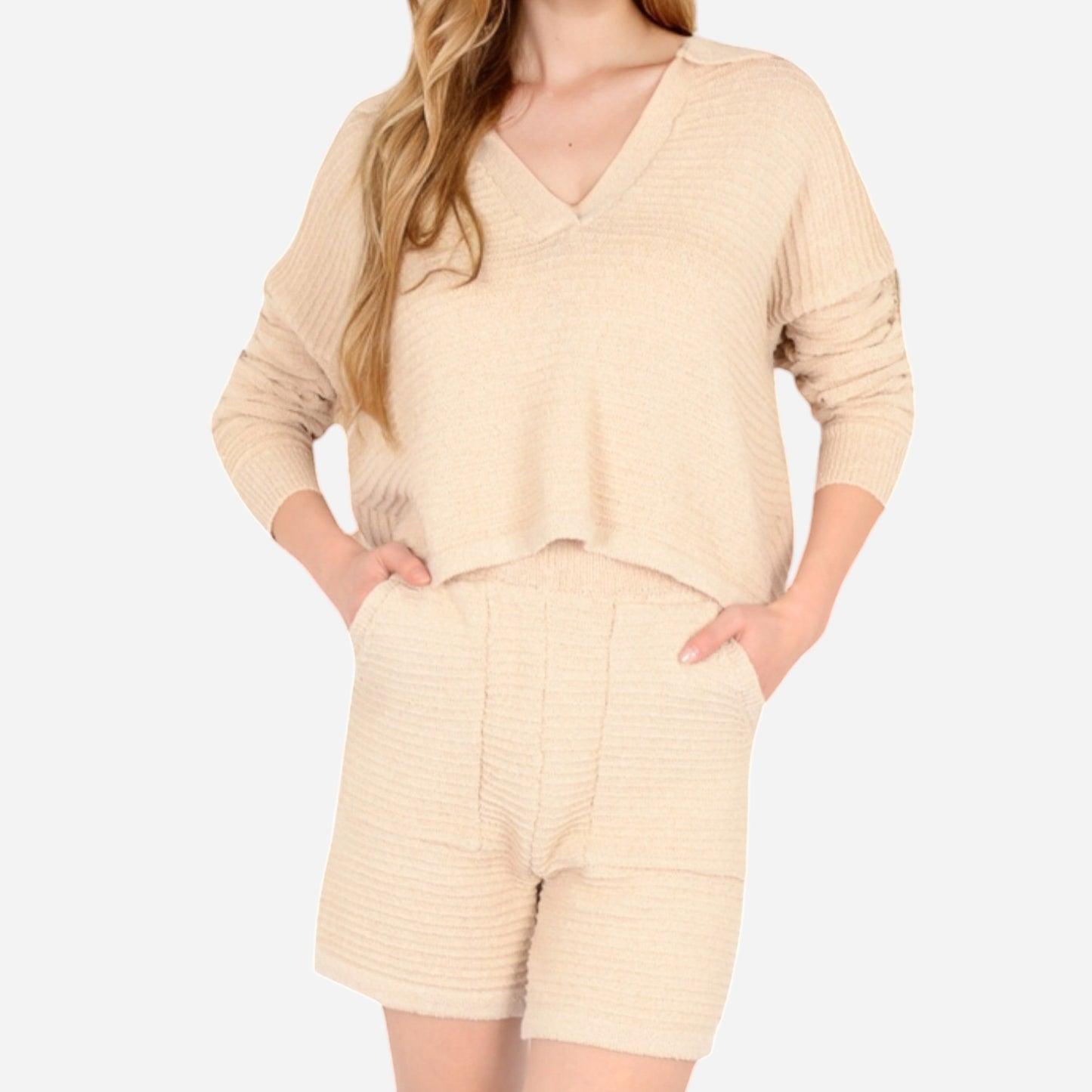 Anna-Kaci Women's Textured Long Sleeve Pullover and Shorts Set with Collared Neckline