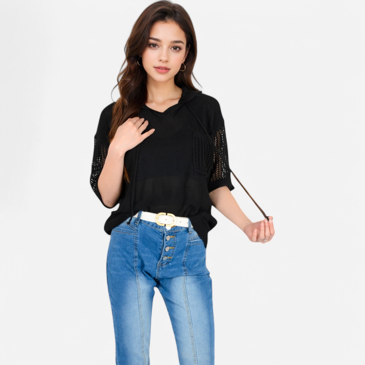 Anna-Kaci Women's Textured Knit Hooded Pullover with Short Sleeves and Drawstring Detail