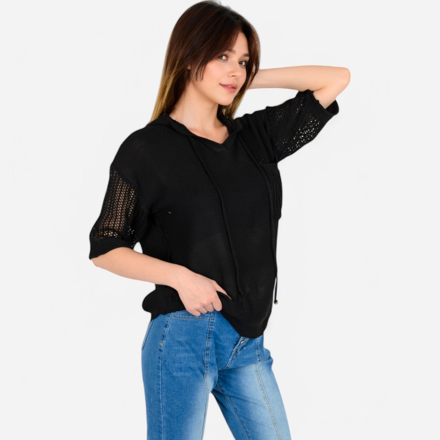 Anna-Kaci Women's Textured Knit Hooded Pullover with Short Sleeves and Drawstring Detail