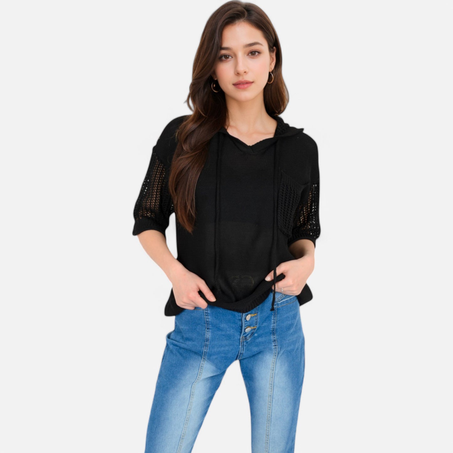 Anna-Kaci Women's Textured Knit Hooded Pullover with Short Sleeves and Drawstring Detail