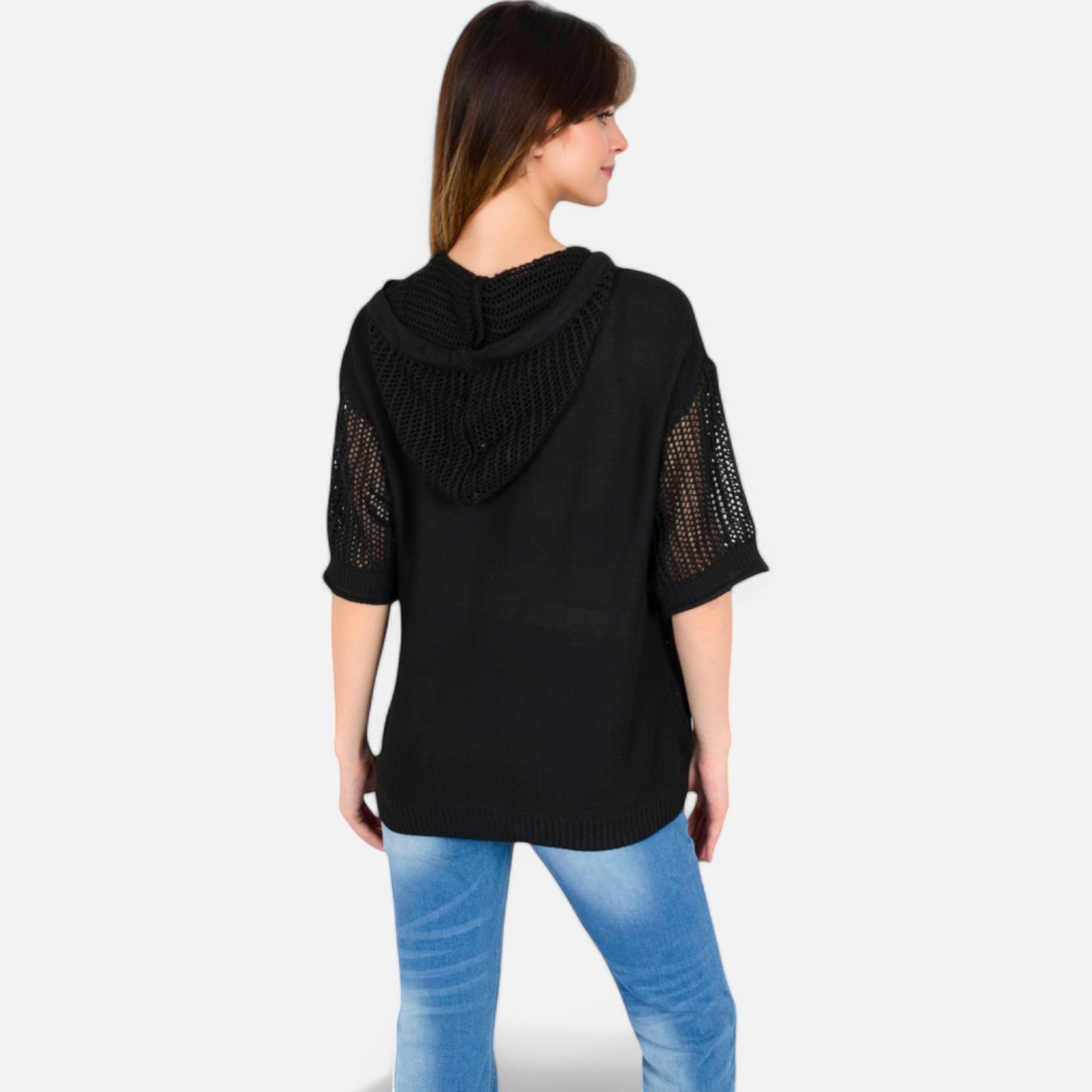 Anna-Kaci Women's Textured Knit Hooded Pullover with Short Sleeves and Drawstring Detail