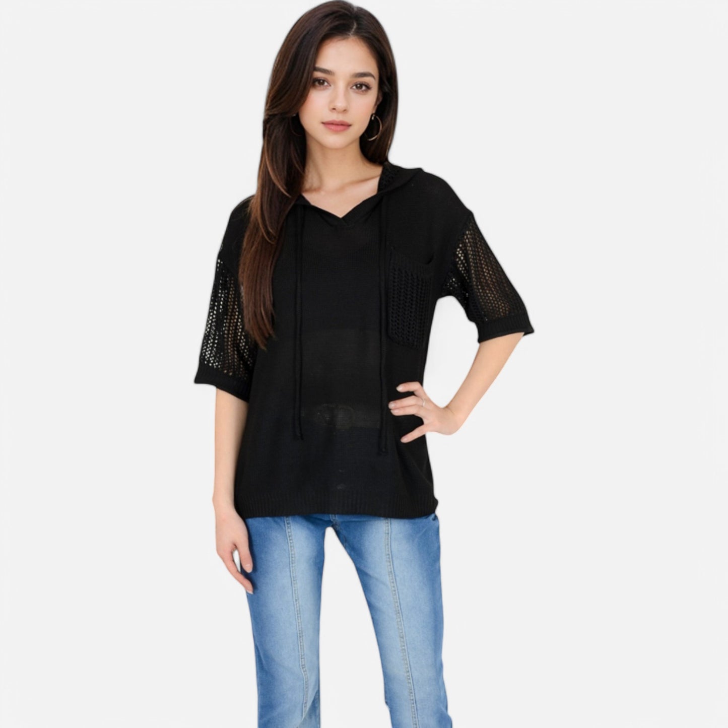 Anna-Kaci Women's Textured Knit Hooded Pullover with Short Sleeves and Drawstring Detail