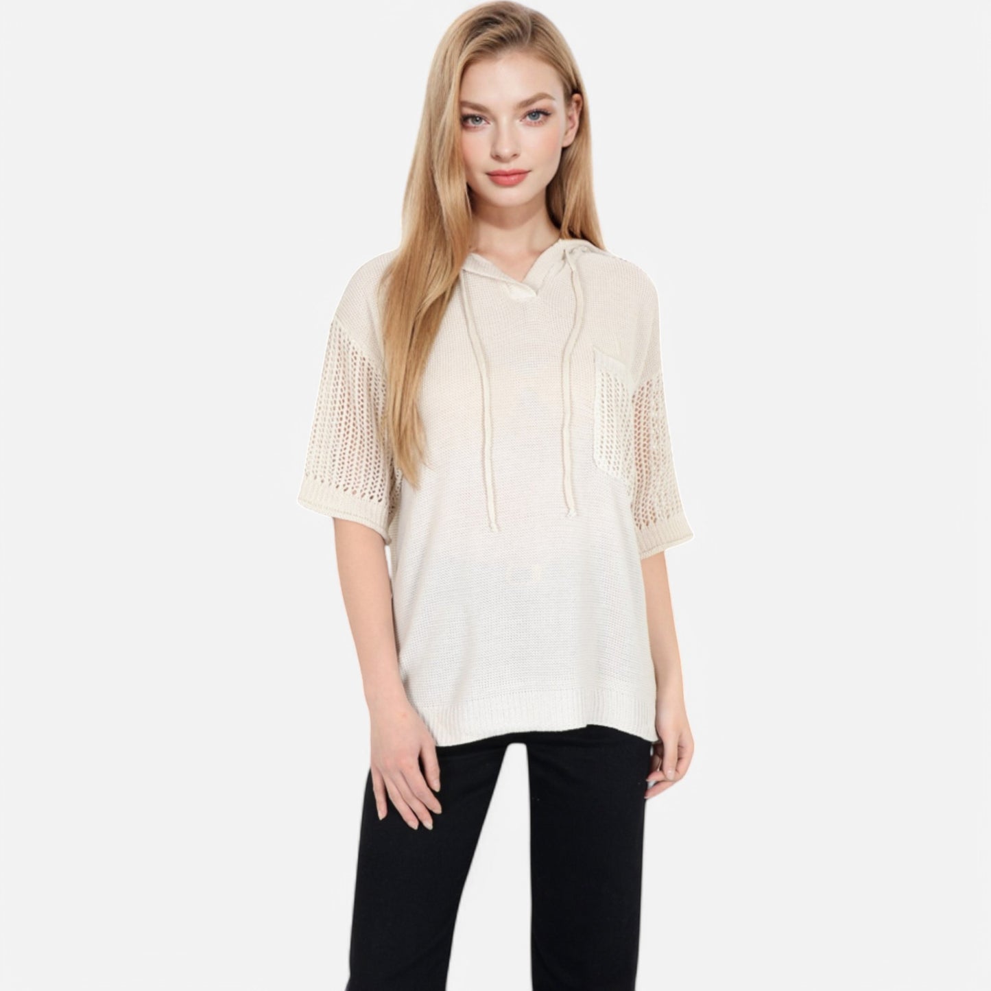Anna-Kaci Women's Textured Knit Hooded Pullover with Short Sleeves and Drawstring Detail