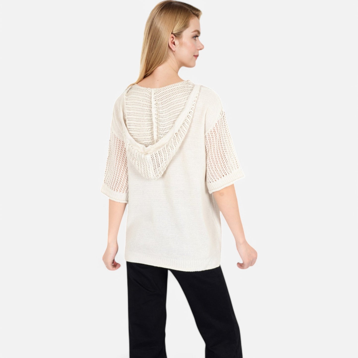 Anna-Kaci Women's Textured Knit Hooded Pullover with Short Sleeves and Drawstring Detail
