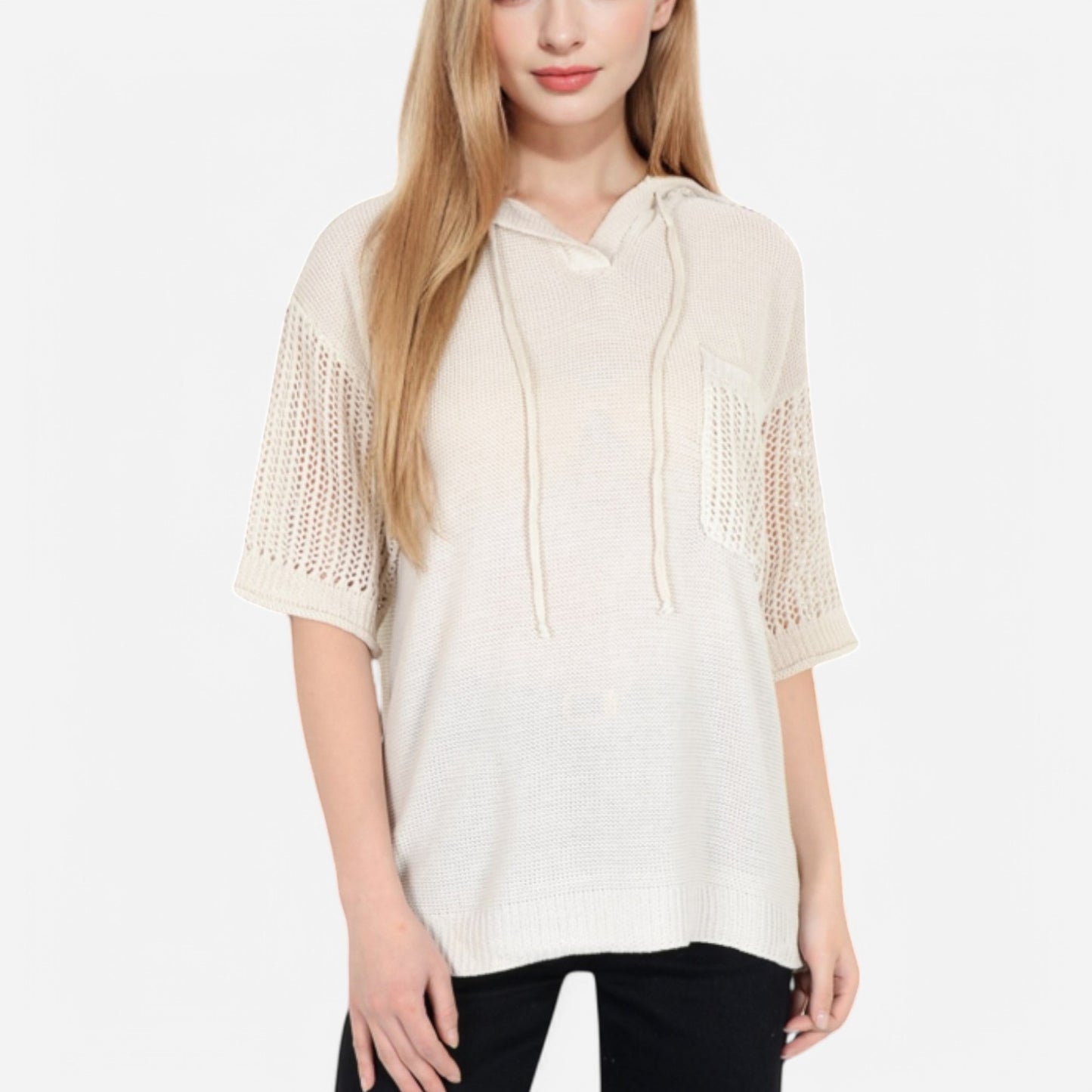 Anna-Kaci Women's Textured Knit Hooded Pullover with Short Sleeves and Drawstring Detail