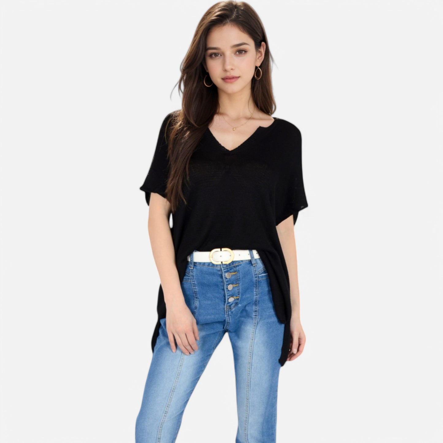 Anna-Kaci Women's V-Neck Knit Top with Short Sleeves and Relaxed Fit