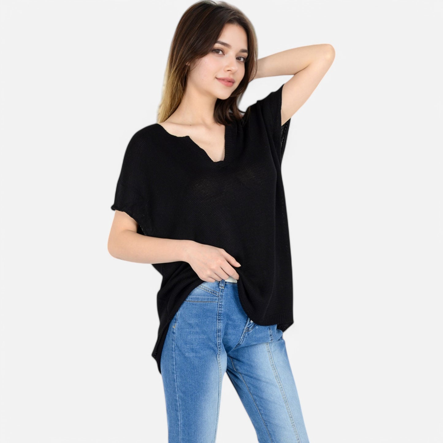 Anna-Kaci Women's V-Neck Knit Top with Short Sleeves and Relaxed Fit
