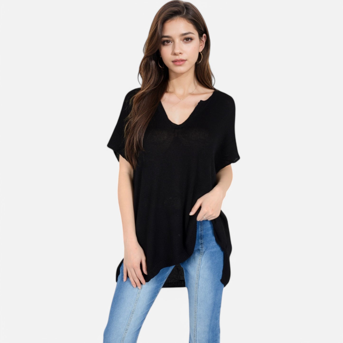 Anna-Kaci Women's V-Neck Knit Top with Short Sleeves and Relaxed Fit
