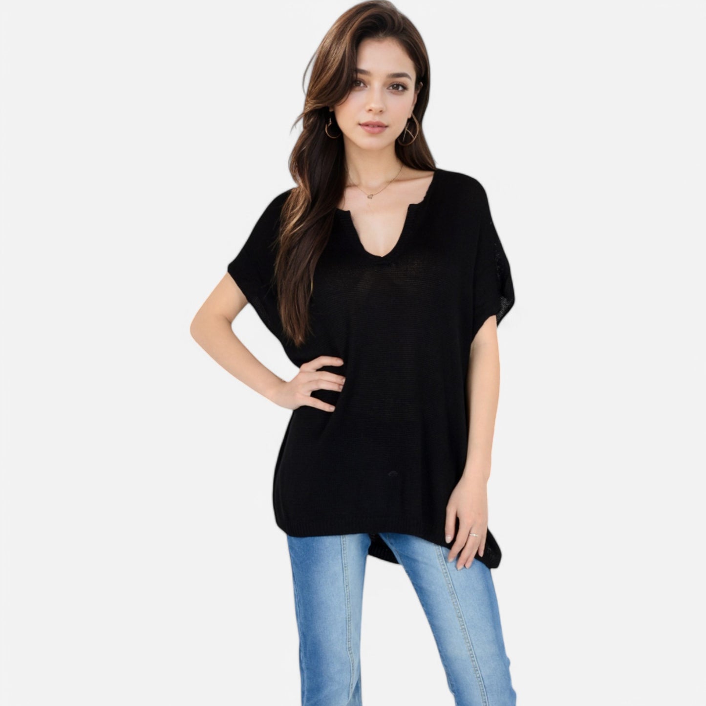 Anna-Kaci Women's V-Neck Knit Top with Short Sleeves and Relaxed Fit
