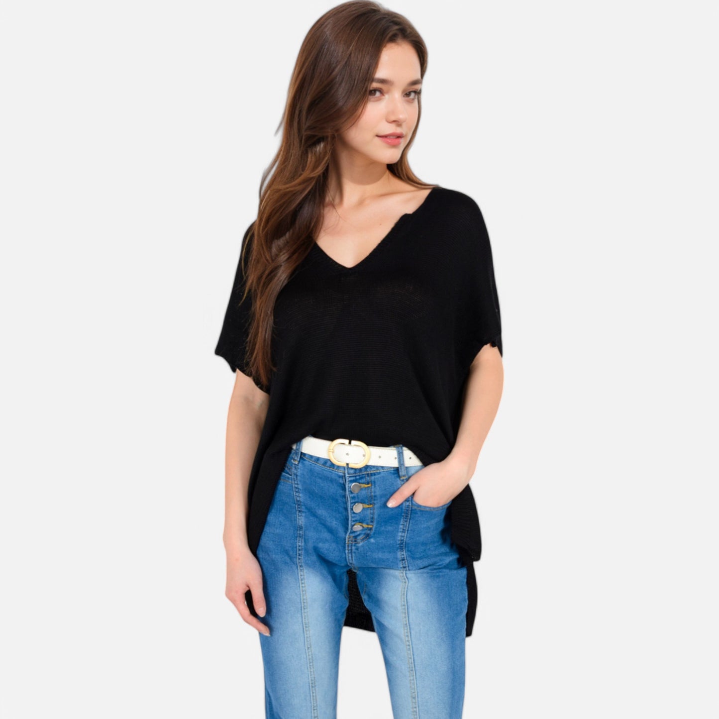 Anna-Kaci Women's V-Neck Knit Top with Short Sleeves and Relaxed Fit