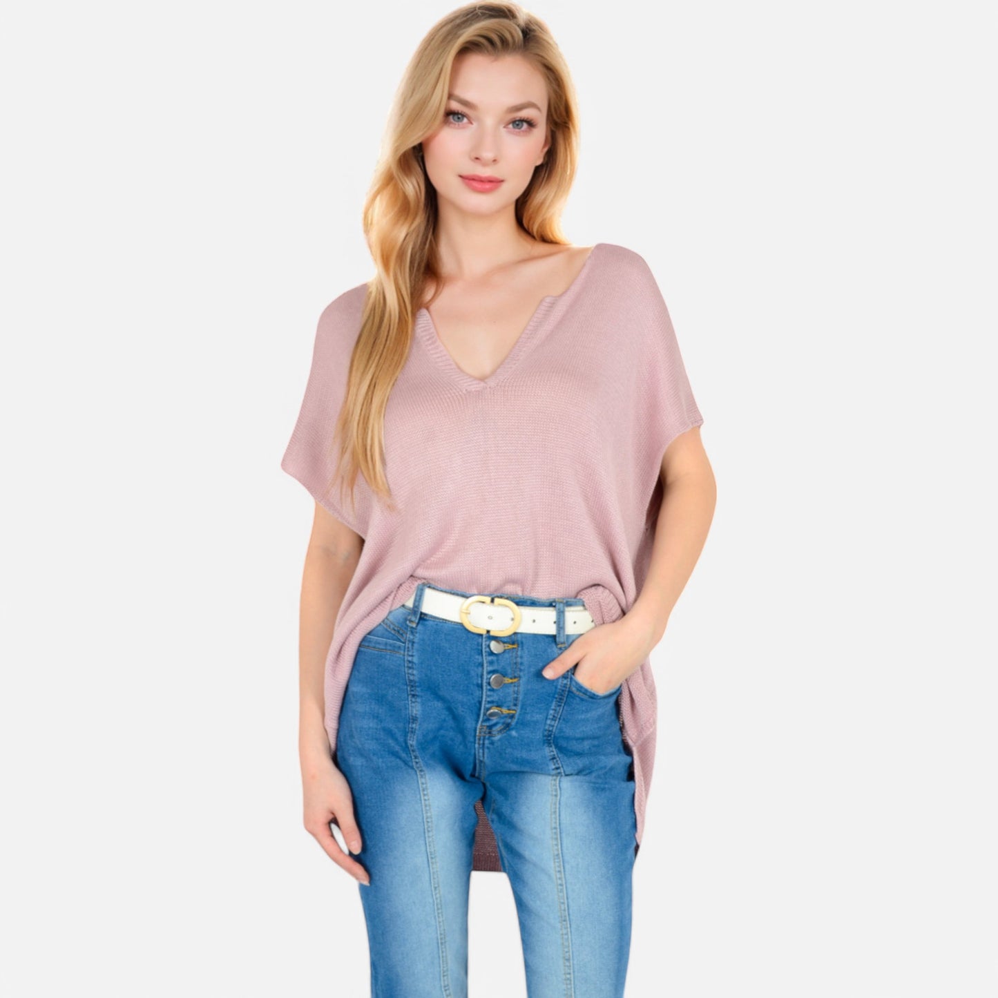 Anna-Kaci Women's V-Neck Knit Top with Short Sleeves and Relaxed Fit