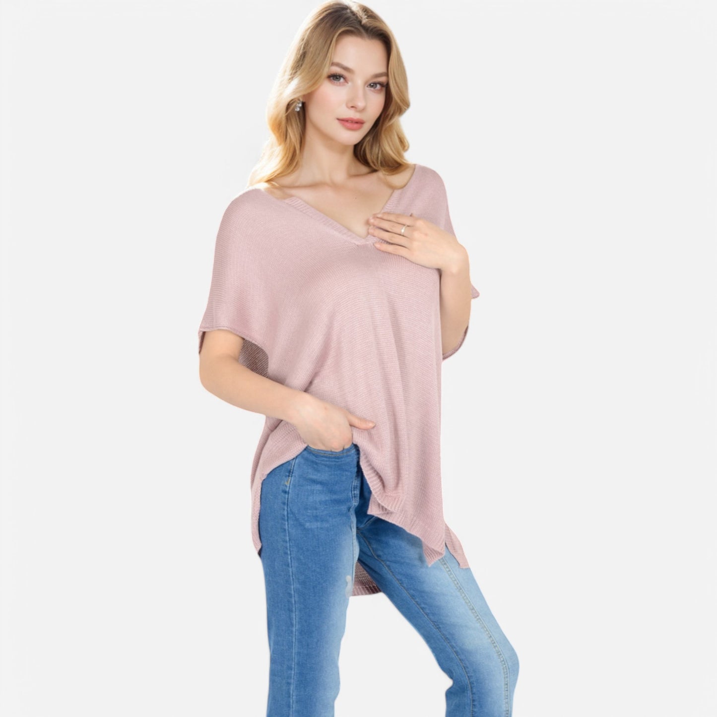 Anna-Kaci Women's V-Neck Knit Top with Short Sleeves and Relaxed Fit