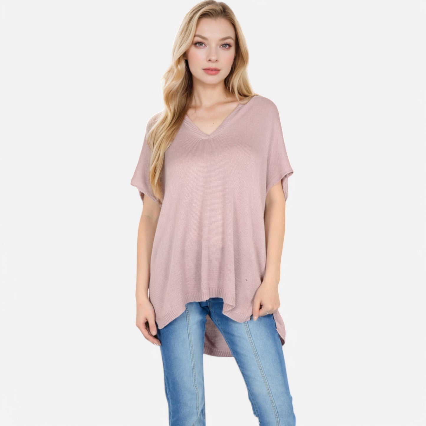Anna-Kaci Women's V-Neck Knit Top with Short Sleeves and Relaxed Fit