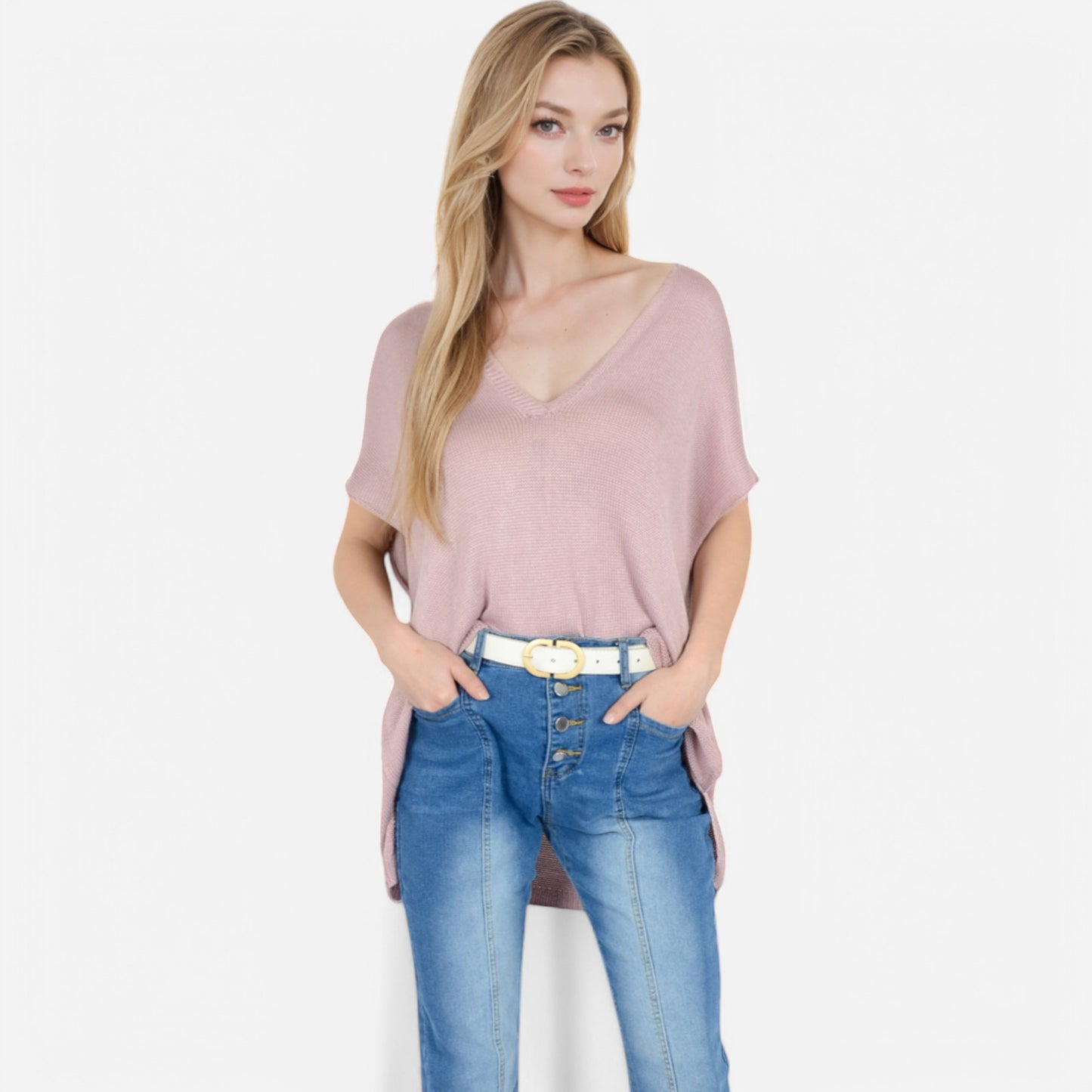 Anna-Kaci Women's V-Neck Knit Top with Short Sleeves and Relaxed Fit