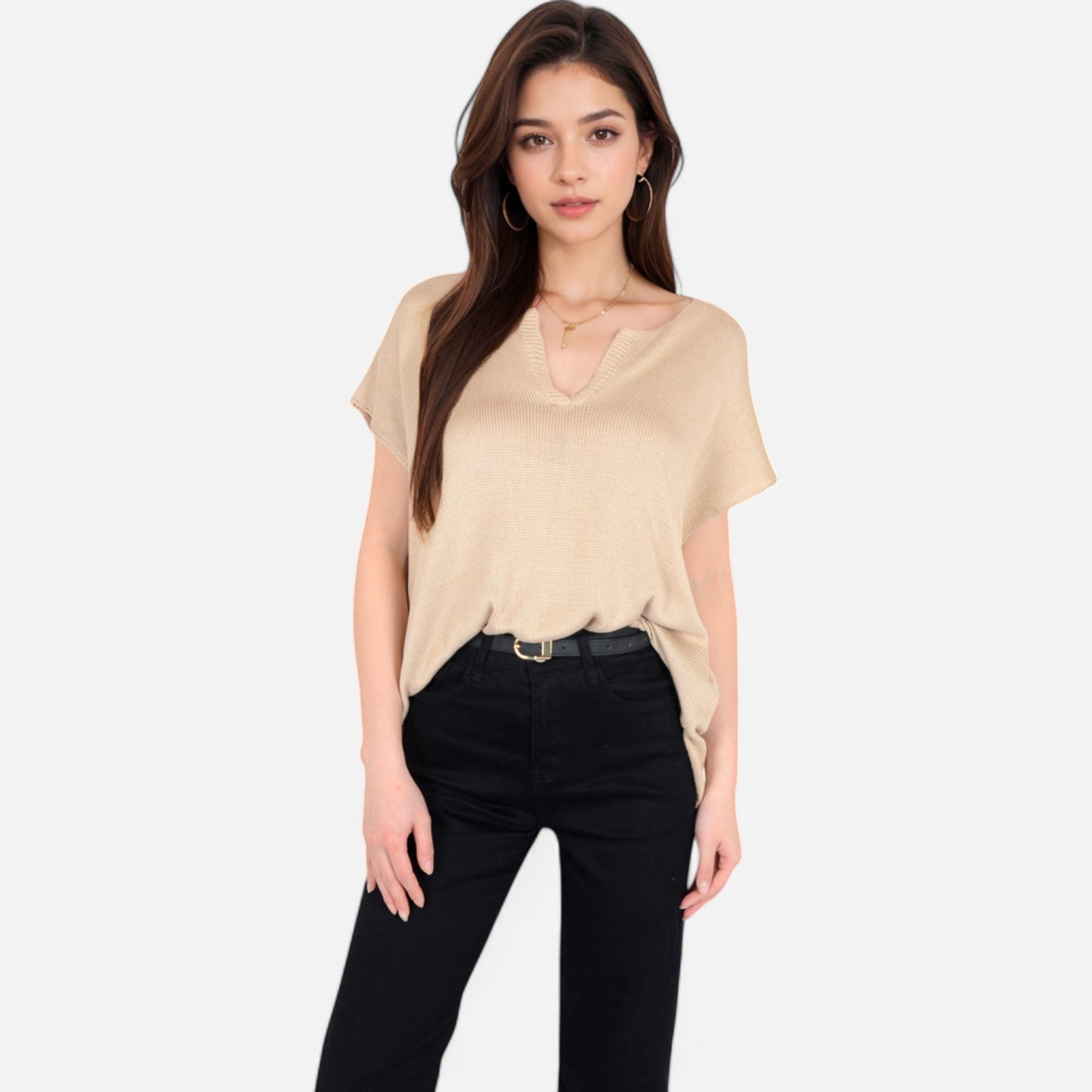Anna-Kaci Women's V-Neck Knit Top with Short Sleeves and Relaxed Fit