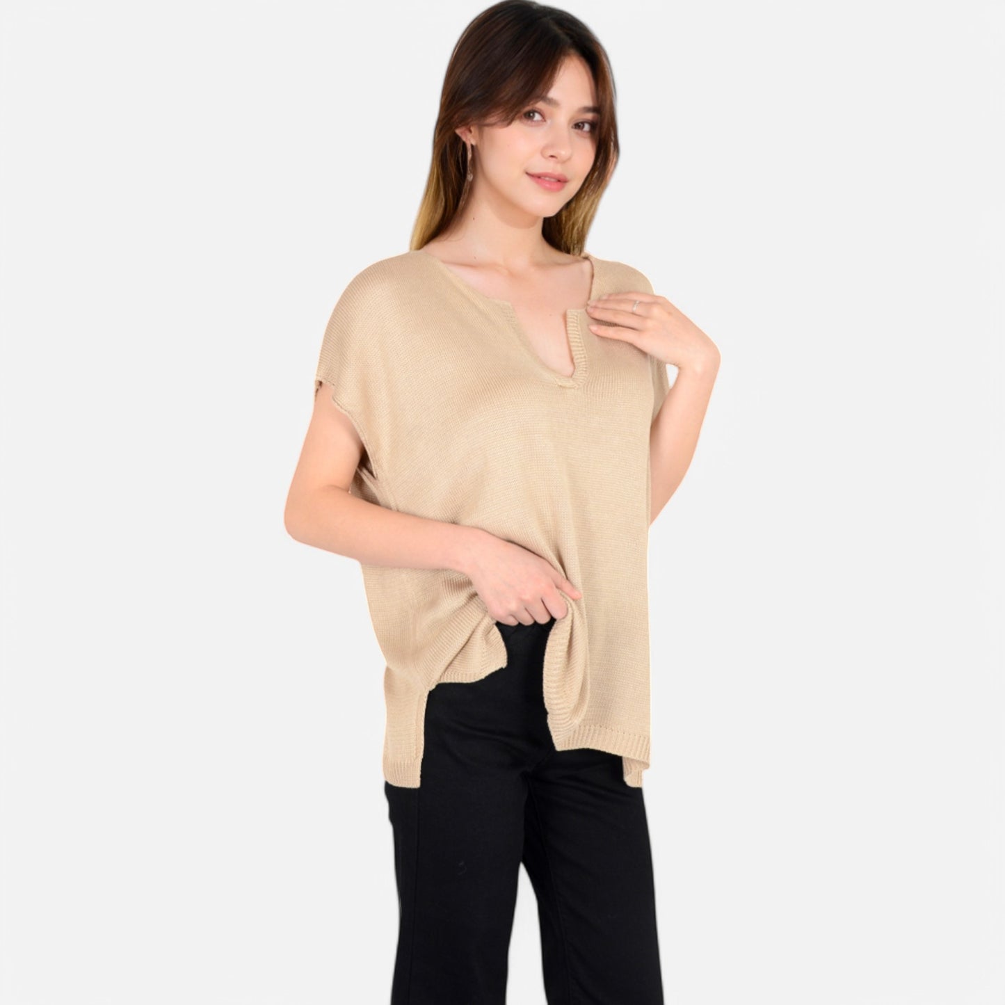 Anna-Kaci Women's V-Neck Knit Top with Short Sleeves and Relaxed Fit