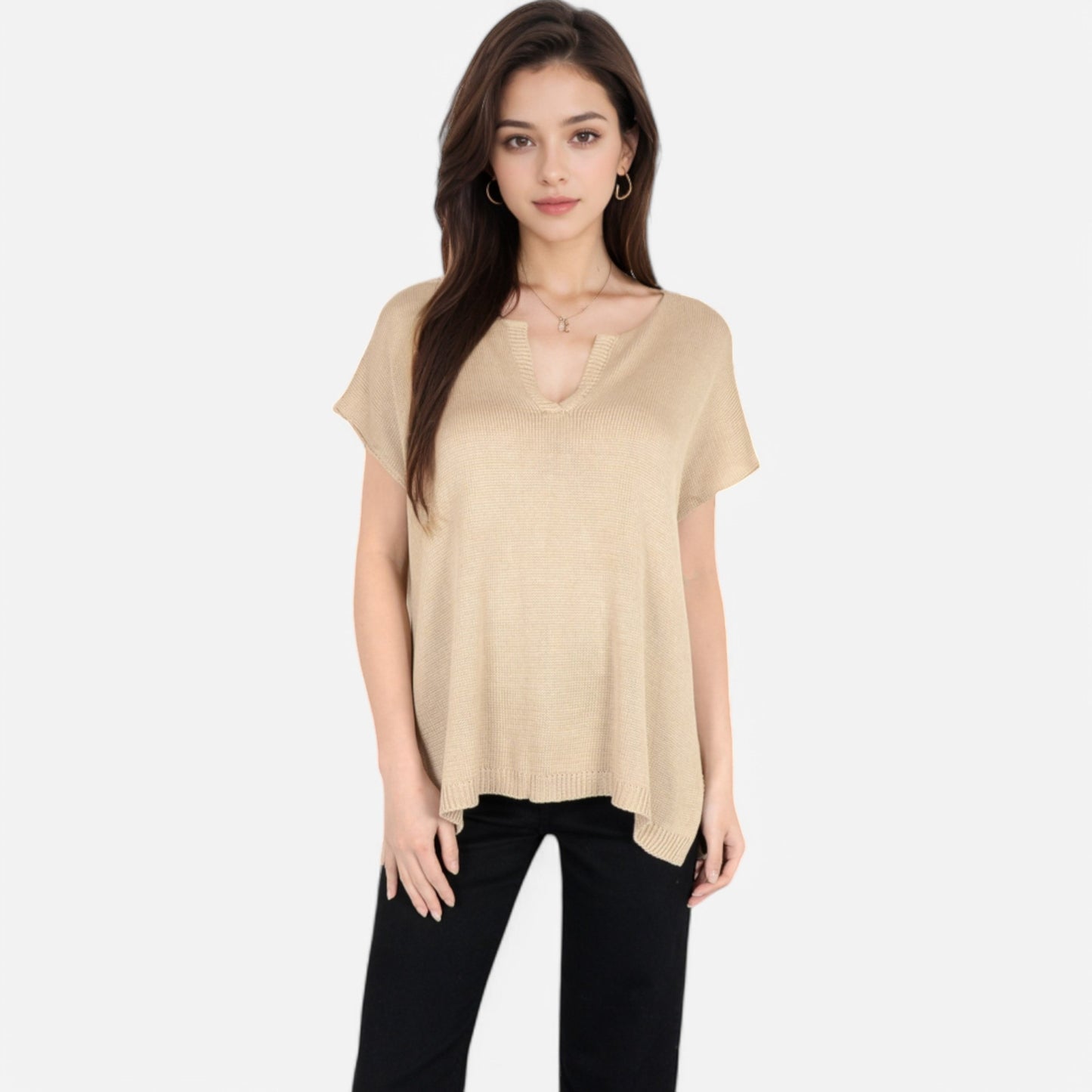Anna-Kaci Women's V-Neck Knit Top with Short Sleeves and Relaxed Fit