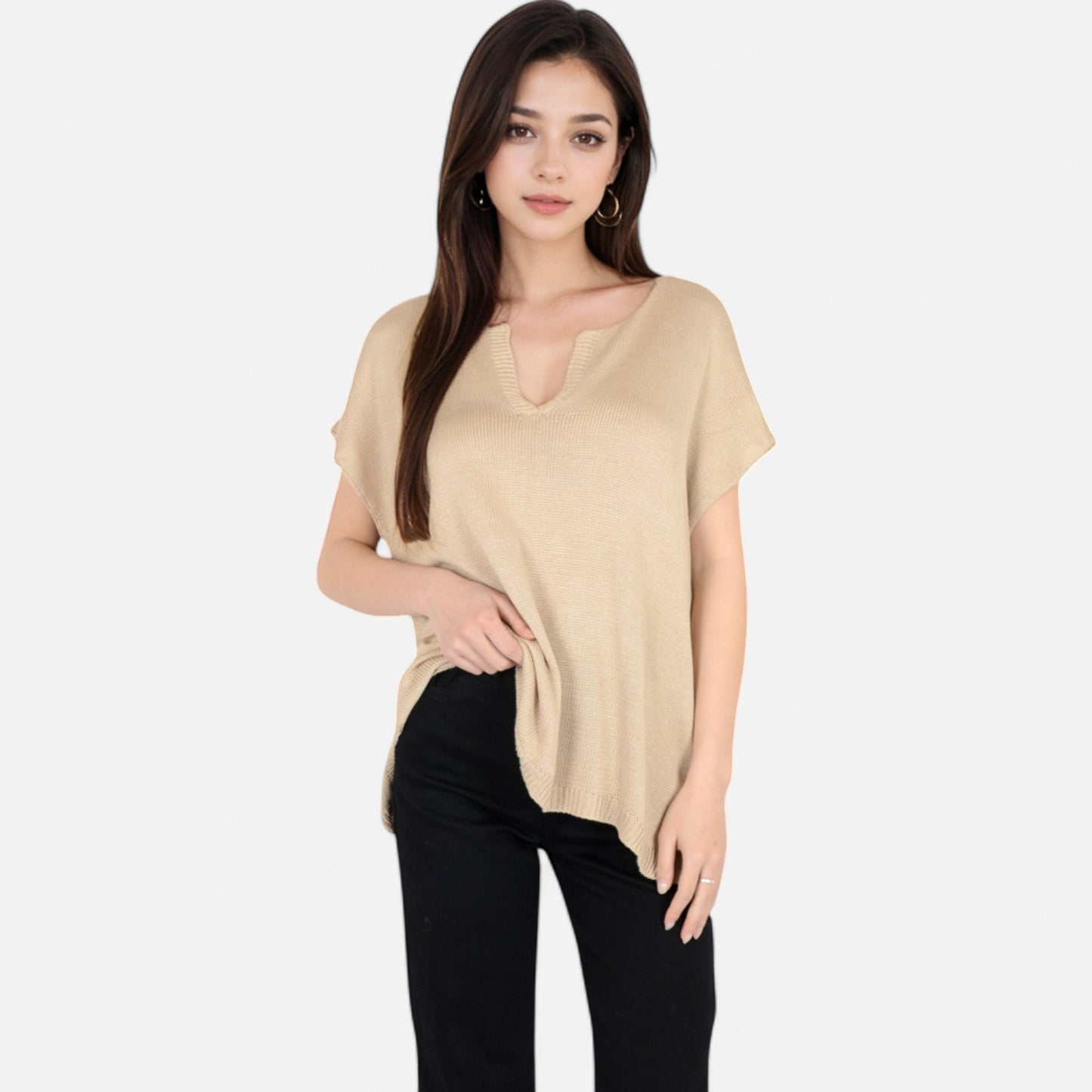 Anna-Kaci Women's V-Neck Knit Top with Short Sleeves and Relaxed Fit