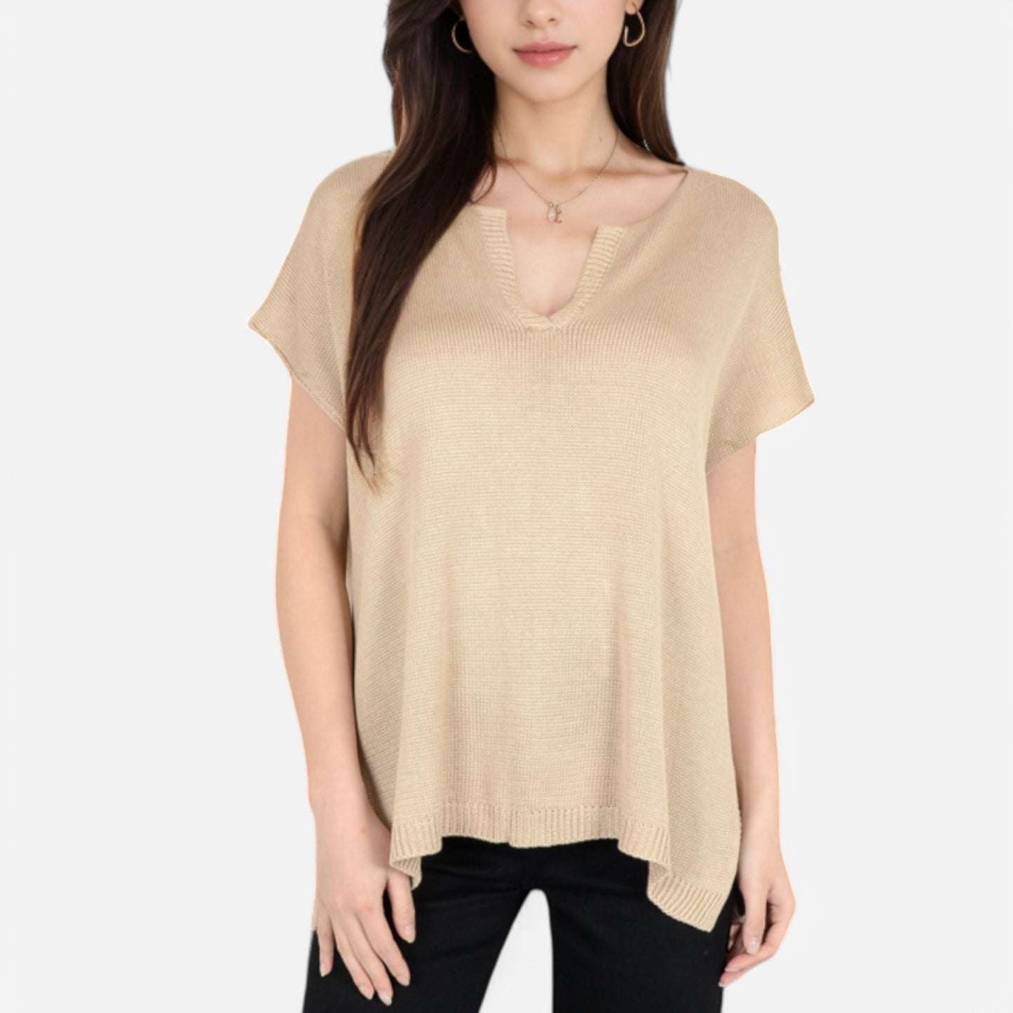 Anna-Kaci Women's V-Neck Knit Top with Short Sleeves and Relaxed Fit