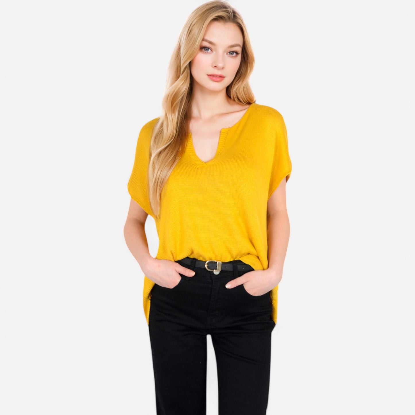 Anna-Kaci Women's V-Neck Knit Top with Short Sleeves and Relaxed Fit