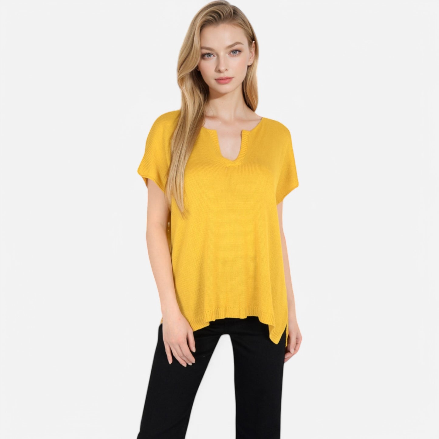 Anna-Kaci Women's V-Neck Knit Top with Short Sleeves and Relaxed Fit