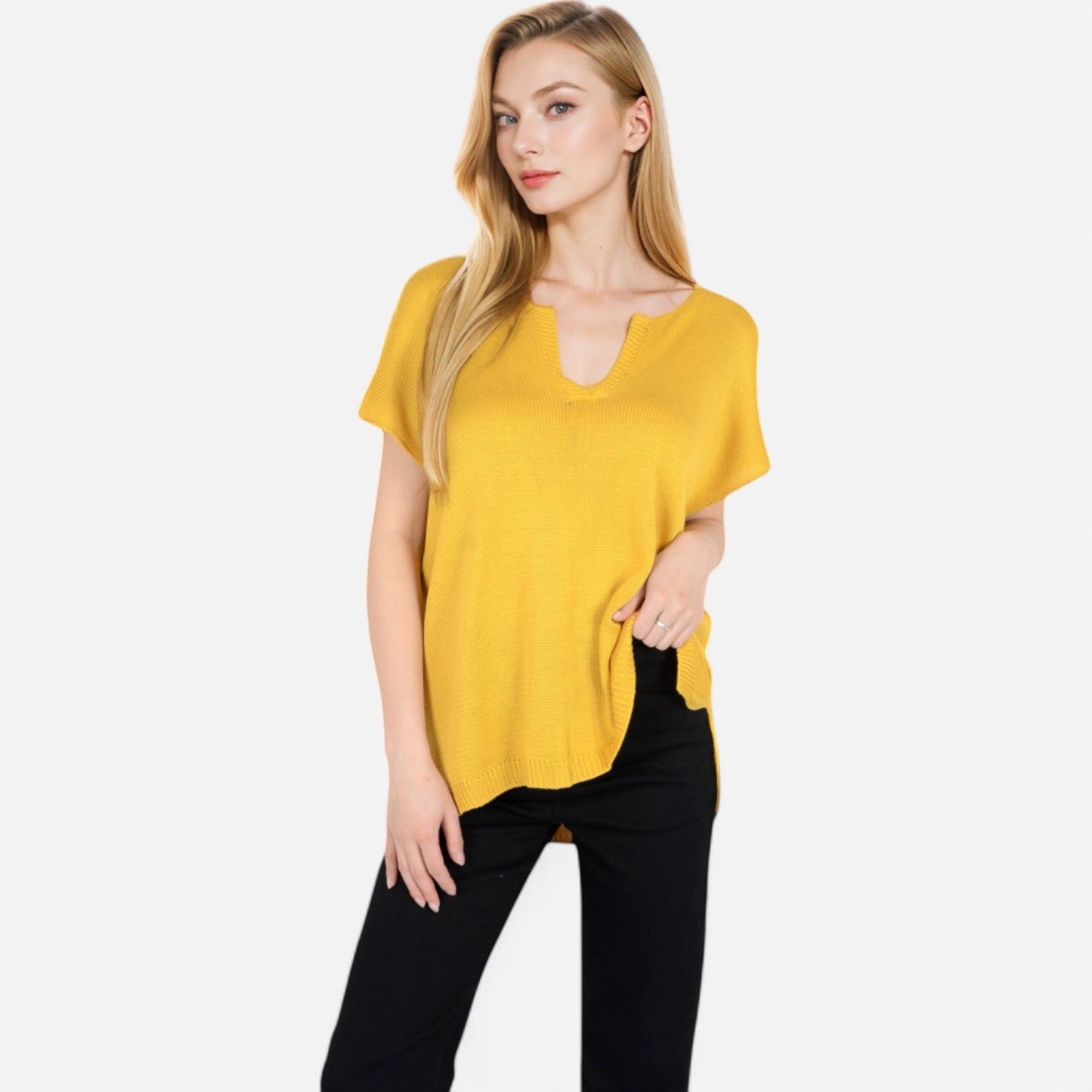 Anna-Kaci Women's V-Neck Knit Top with Short Sleeves and Relaxed Fit
