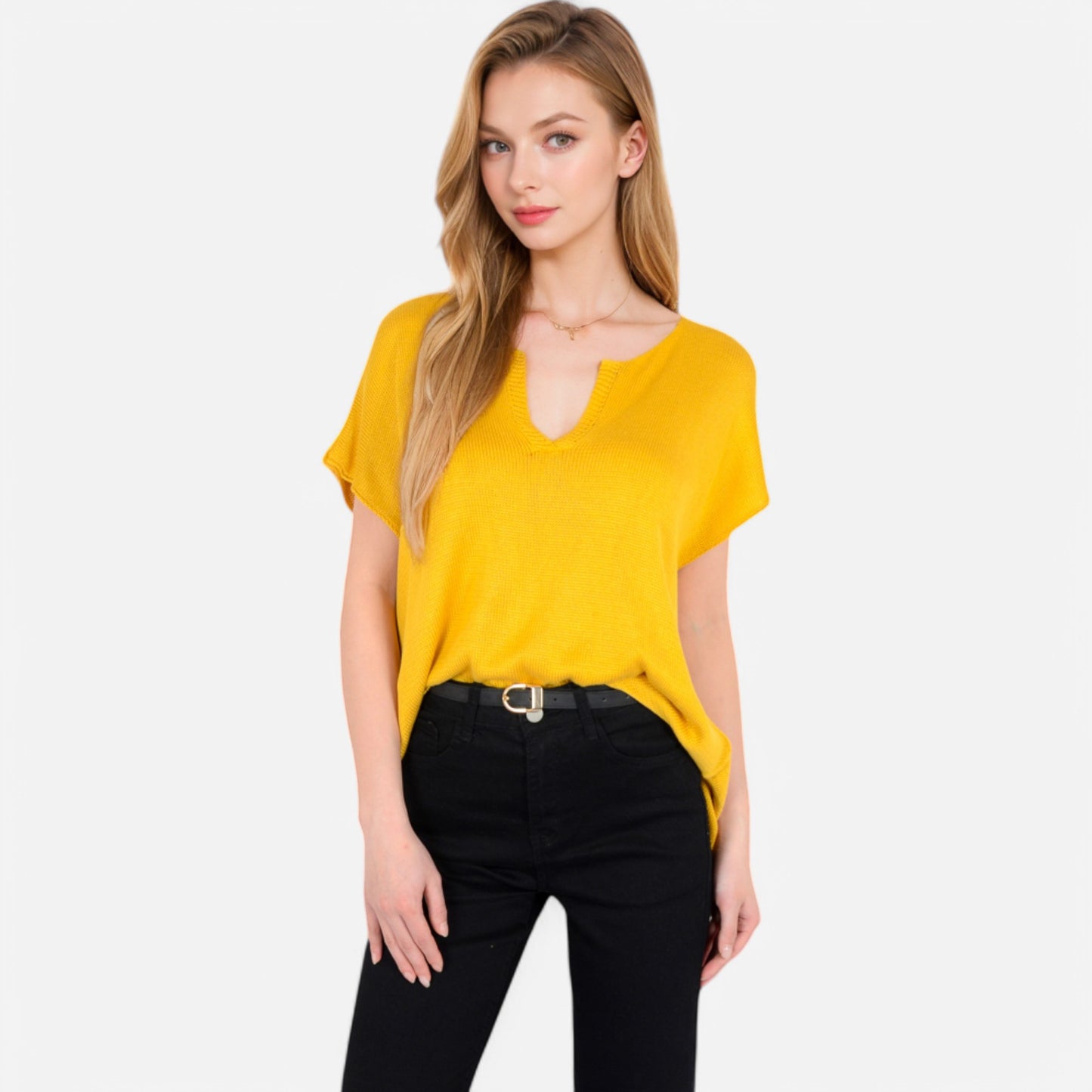 Anna-Kaci Women's V-Neck Knit Top with Short Sleeves and Relaxed Fit