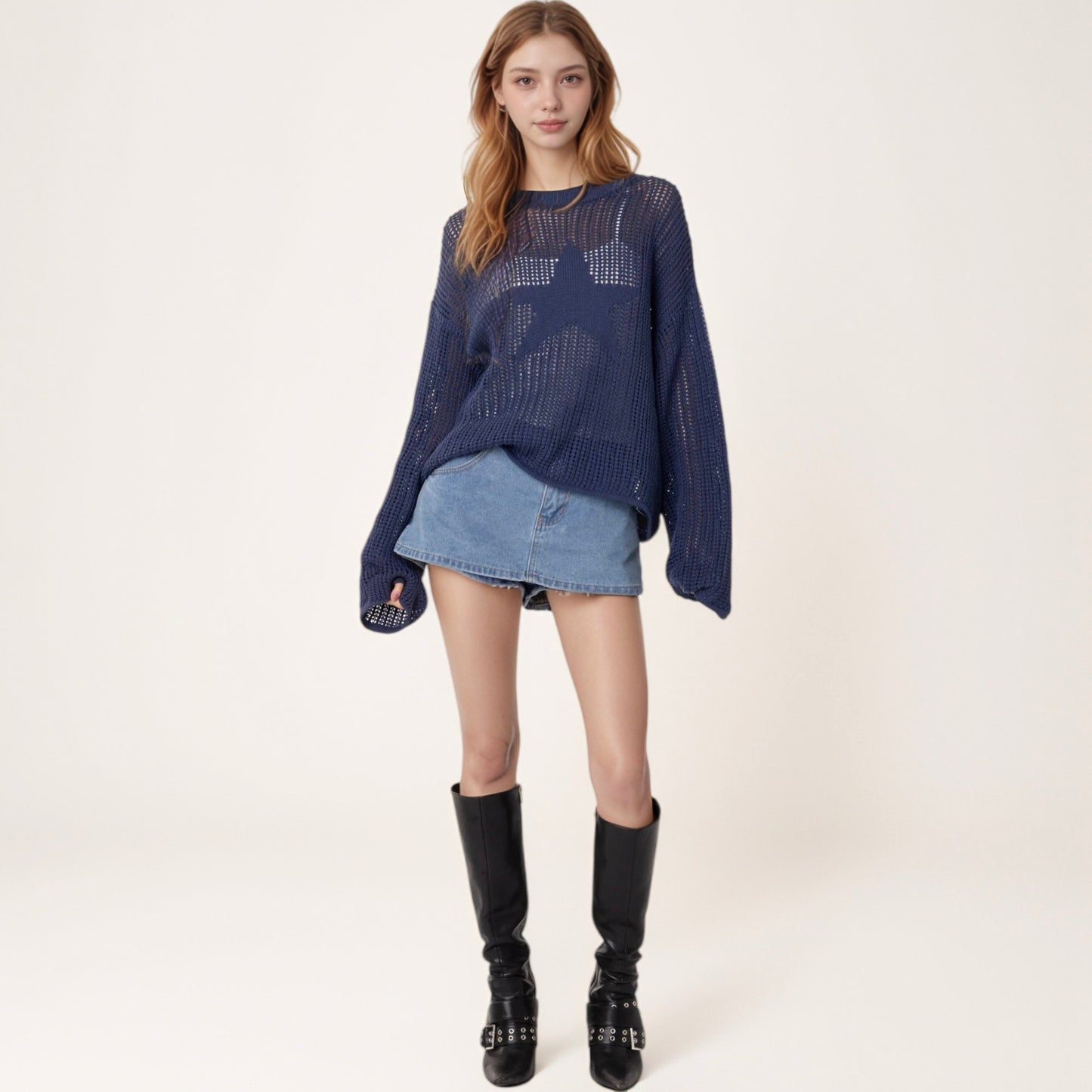 Anna-Kaci Women's Loose Knit Long Sleeve Sweater with Bold Star Design and Semi-Sheer Open Weave Texture