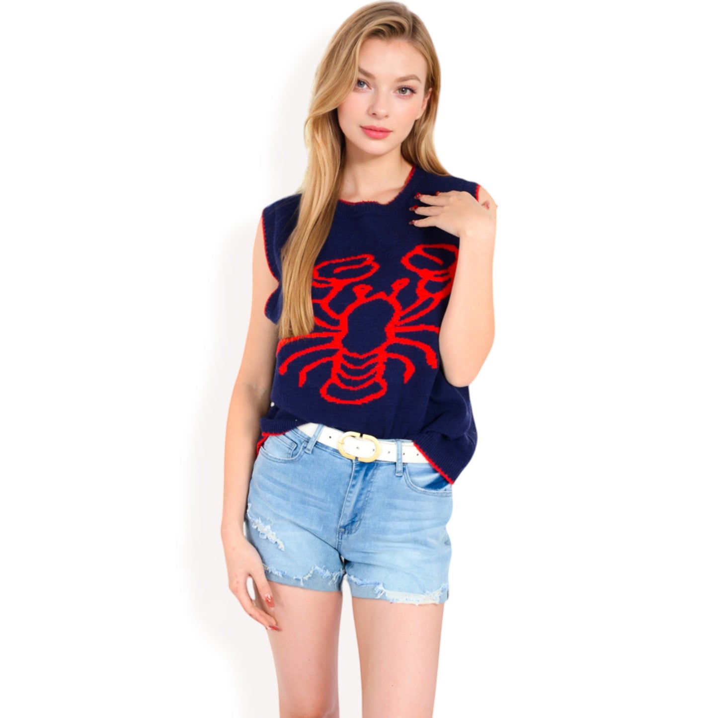 Anna-Kaci Women's Lobster Embroidered Knit Sleeveless Sweater Vest with Ribbed Trim