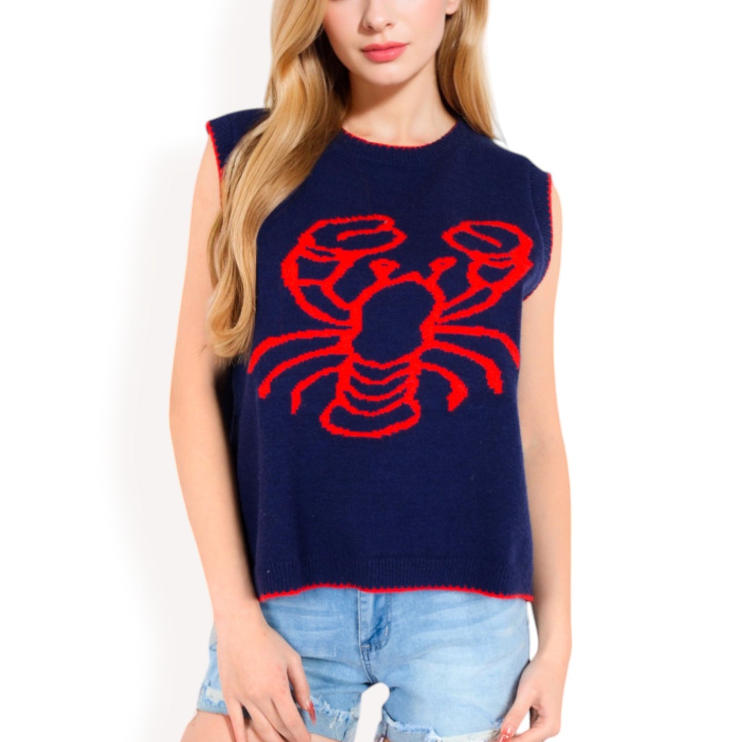 Anna-Kaci Women's Lobster Embroidered Knit Sleeveless Sweater Vest with Ribbed Trim