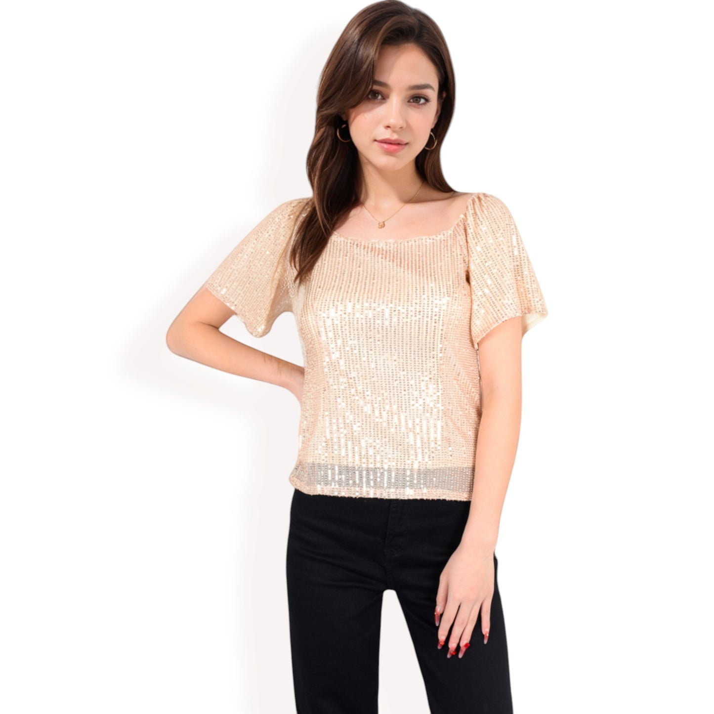 Anna-Kaci Women's Short Sleeve Square Neck Sequin Top for Special Occasions