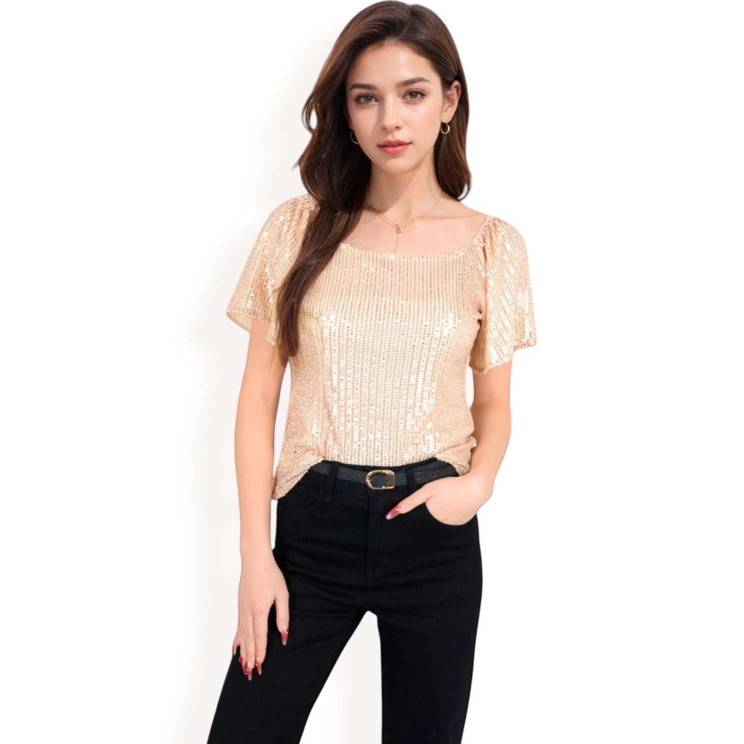 Anna-Kaci Women's Short Sleeve Square Neck Sequin Top for Special Occasions