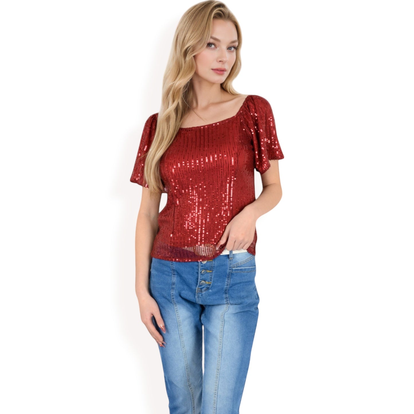 Anna-Kaci Women's Short Sleeve Square Neck Sequin Top for Special Occasions