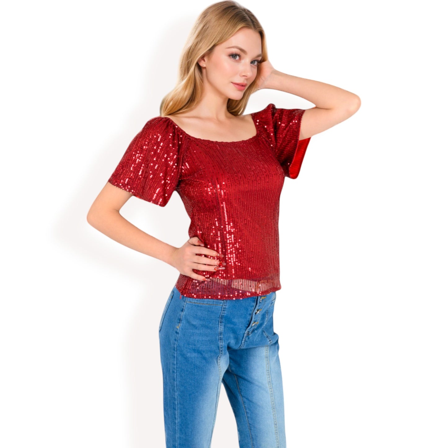 Anna-Kaci Women's Short Sleeve Square Neck Sequin Top for Special Occasions