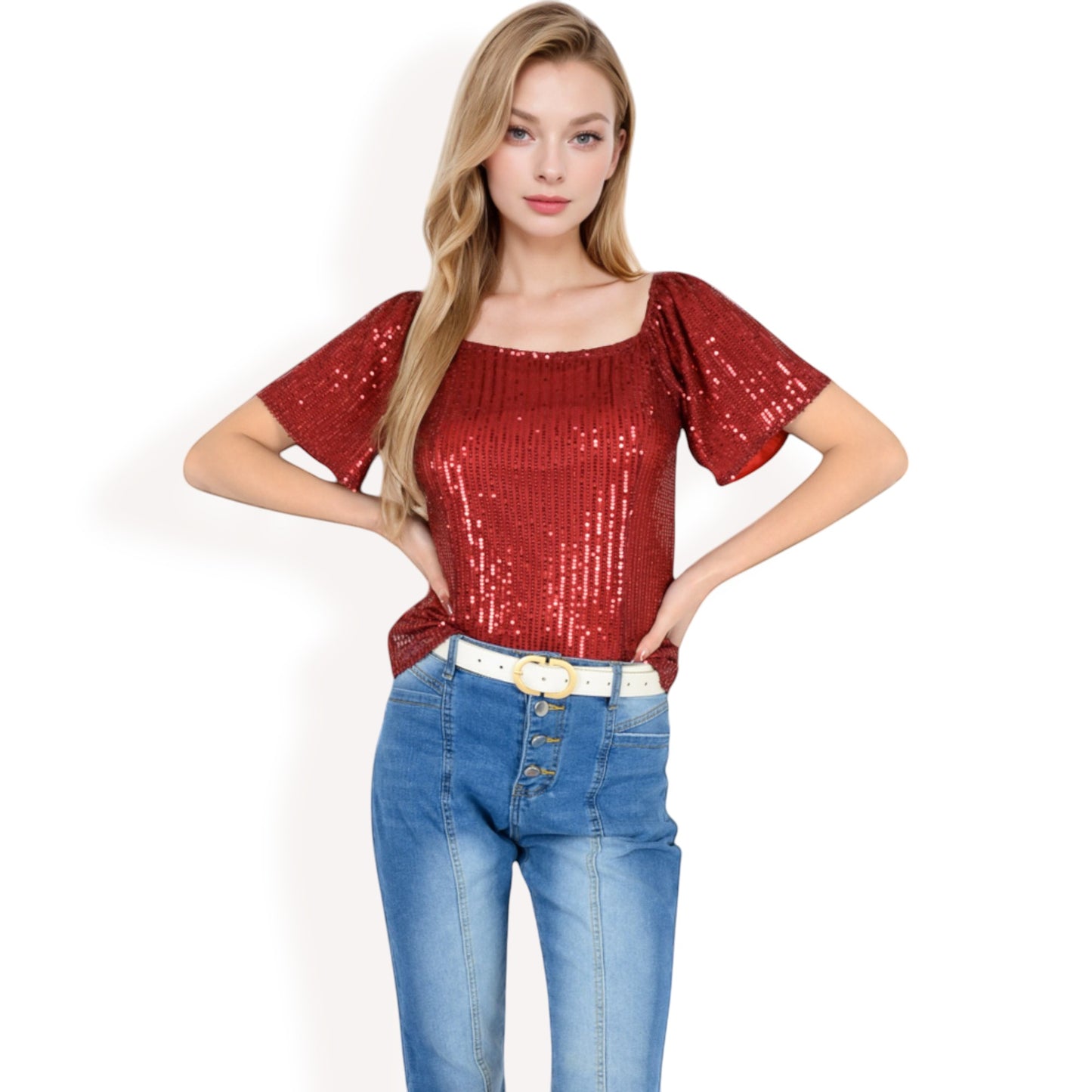 Anna-Kaci Women's Short Sleeve Square Neck Sequin Top for Special Occasions