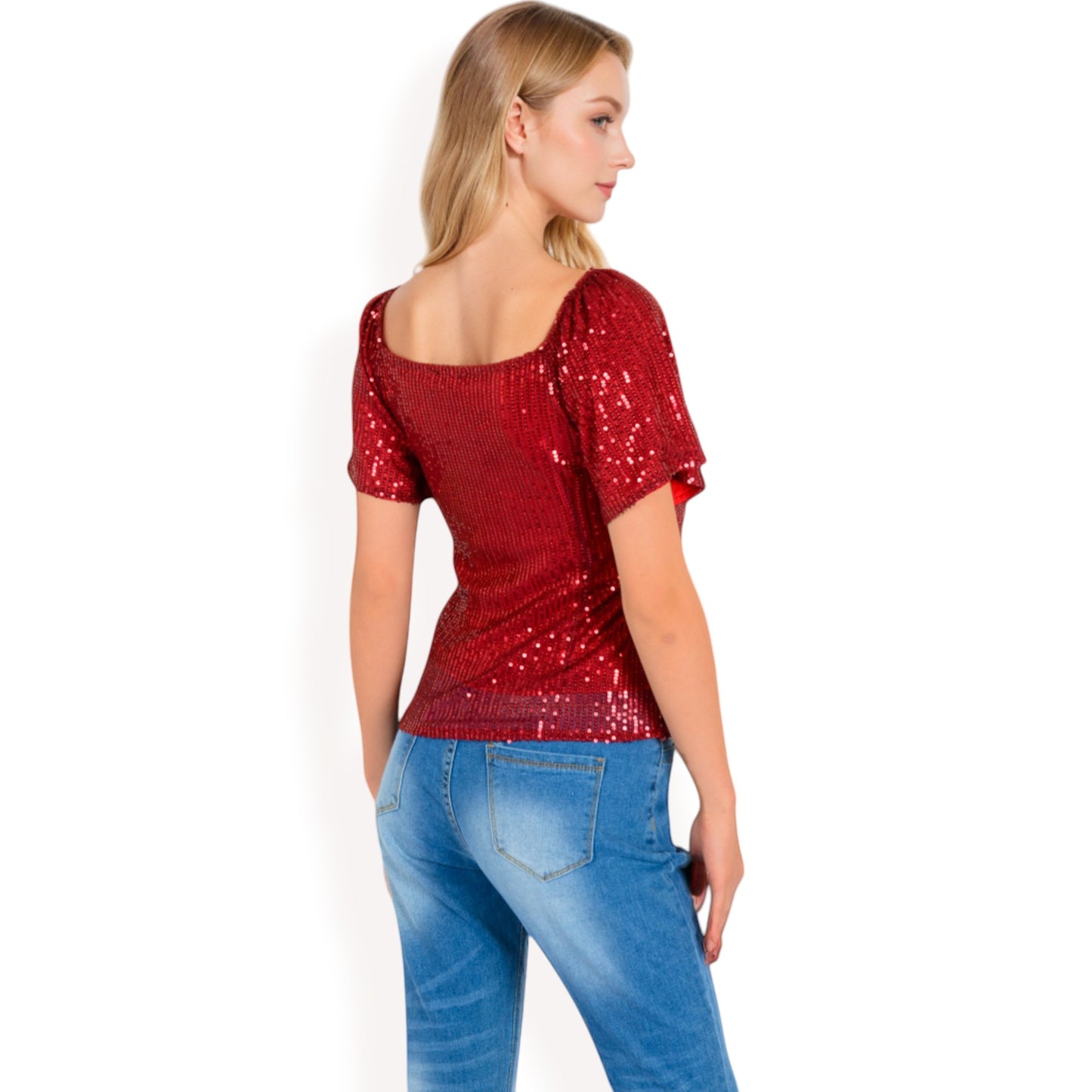 Anna-Kaci Women's Short Sleeve Square Neck Sequin Top for Special Occasions