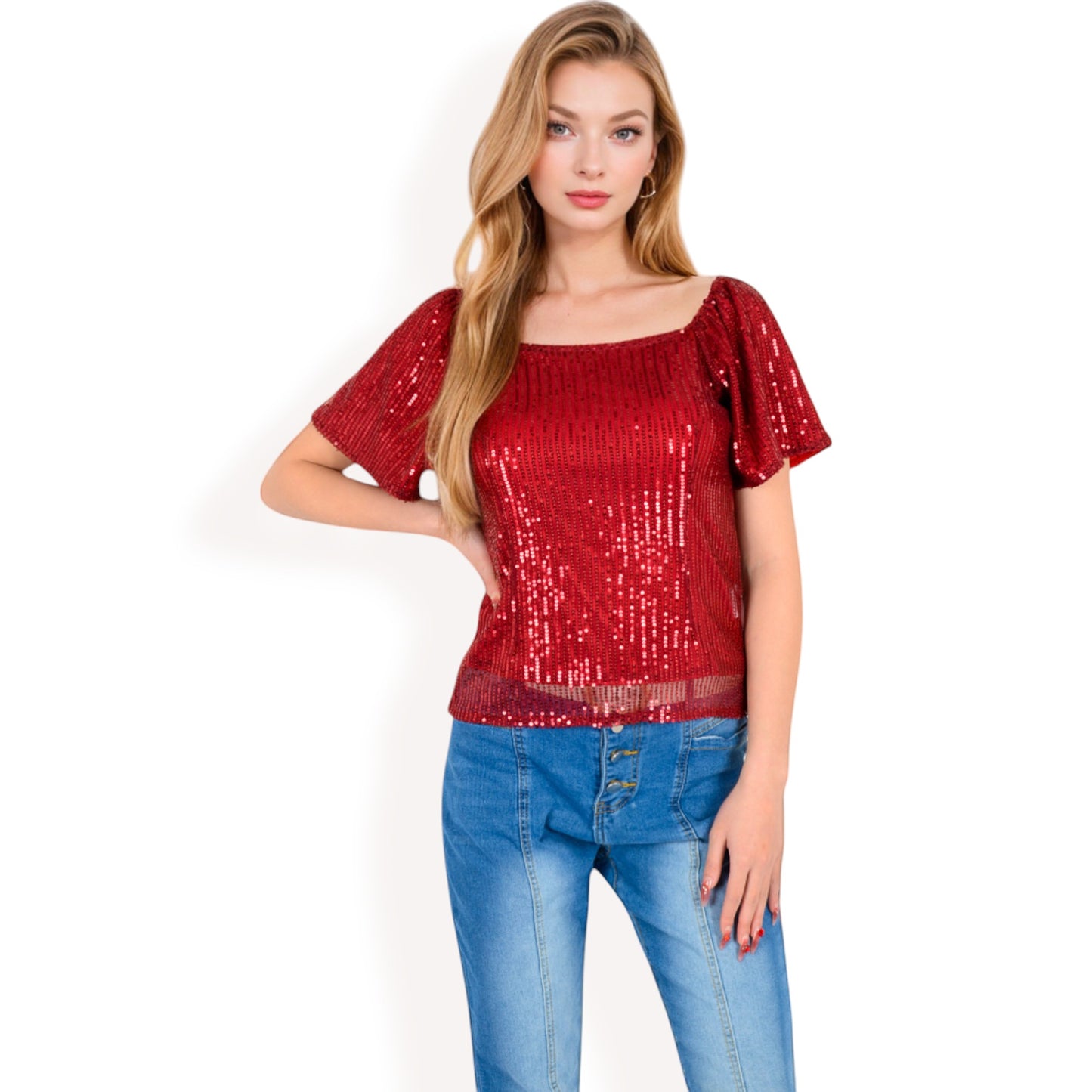 Anna-Kaci Women's Short Sleeve Square Neck Sequin Top for Special Occasions