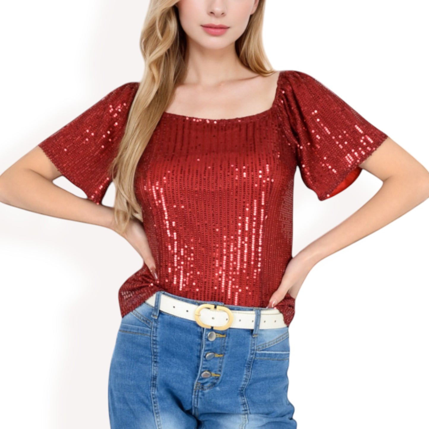 Anna-Kaci Women's Short Sleeve Square Neck Sequin Top for Special Occasions