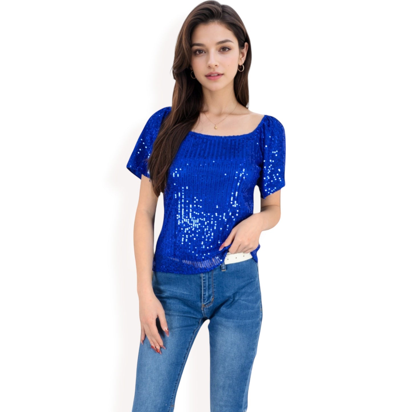 Anna-Kaci Women's Short Sleeve Square Neck Sequin Top for Special Occasions