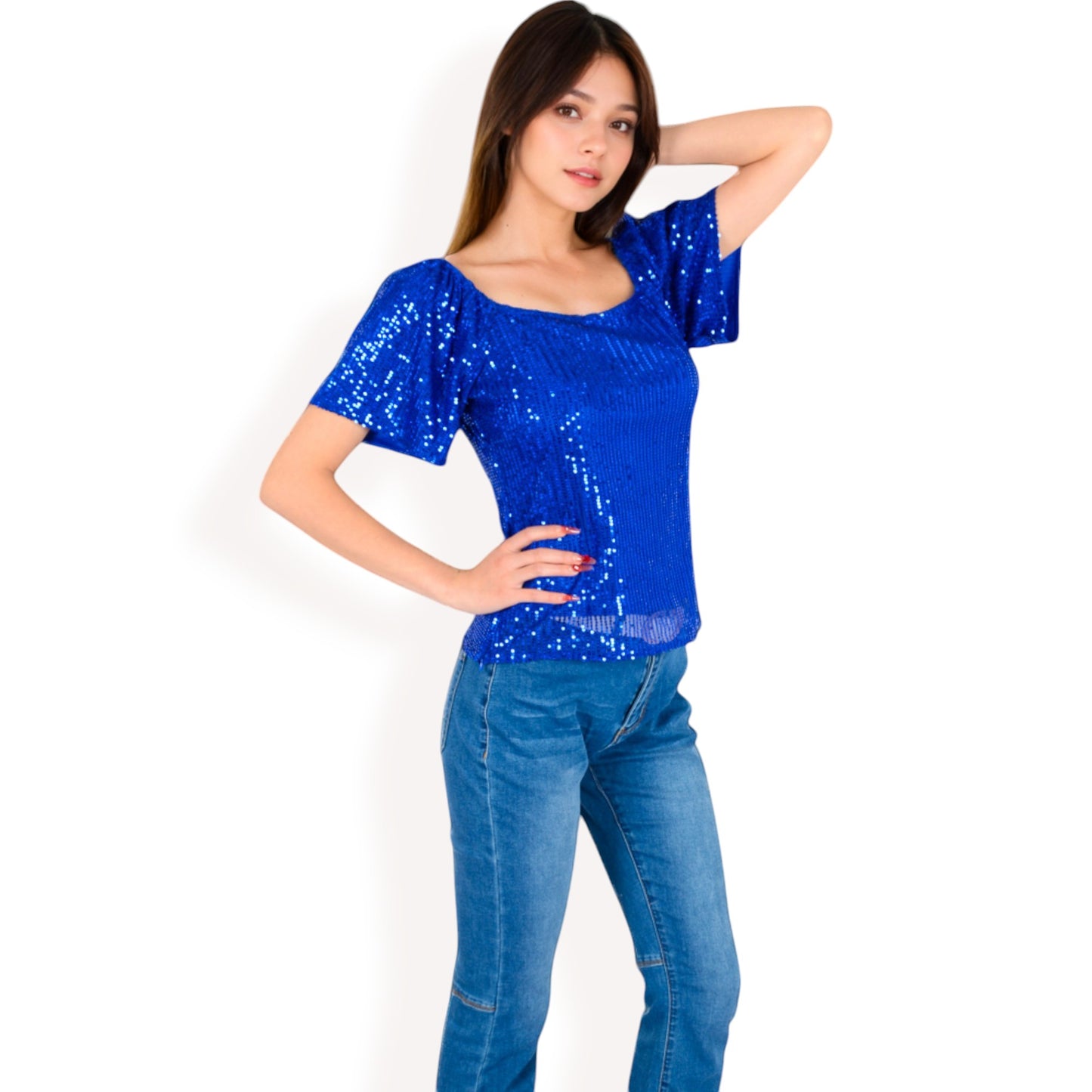 Anna-Kaci Women's Short Sleeve Square Neck Sequin Top for Special Occasions