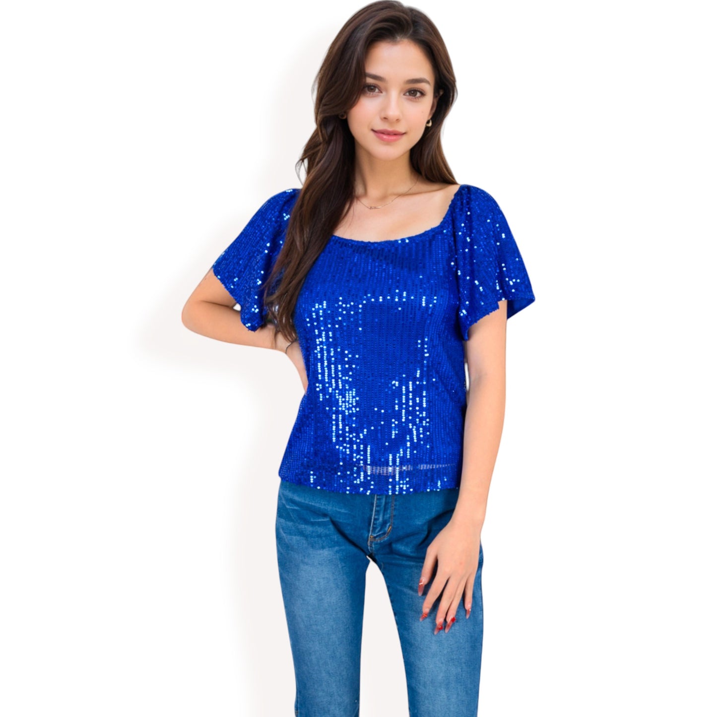Anna-Kaci Women's Short Sleeve Square Neck Sequin Top for Special Occasions