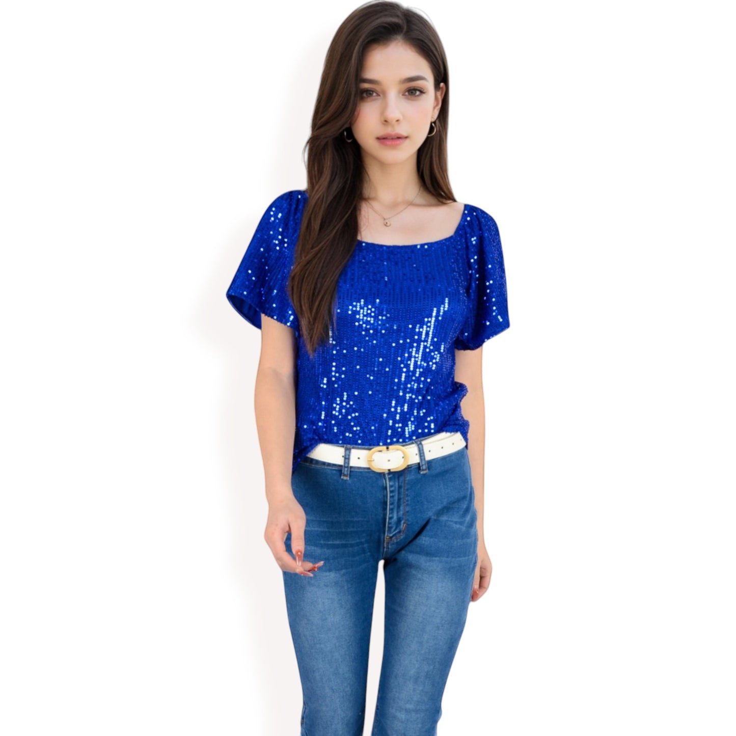 Anna-Kaci Women's Short Sleeve Square Neck Sequin Top for Special Occasions