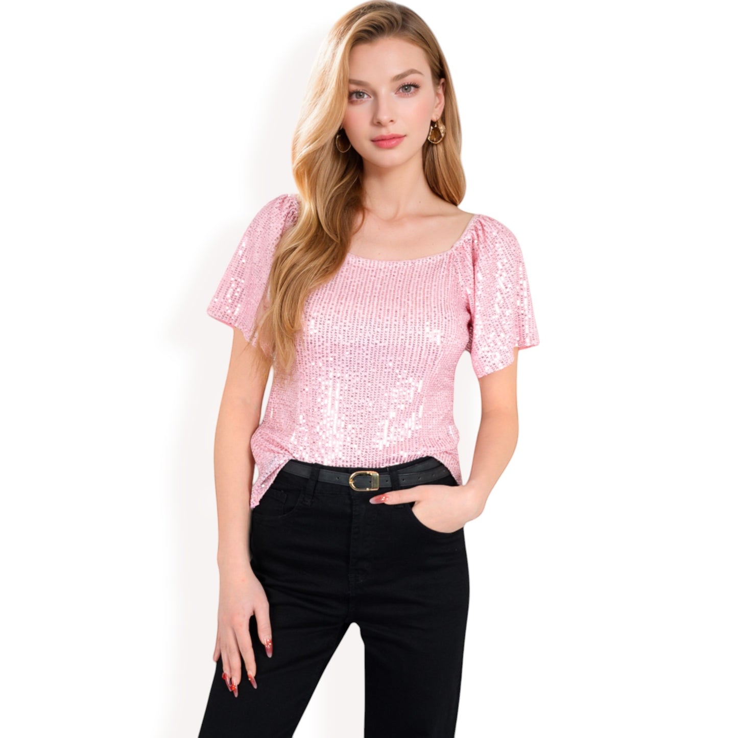 Anna-Kaci Women's Short Sleeve Square Neck Sequin Top for Special Occasions