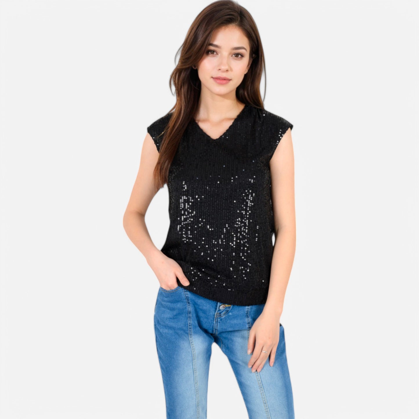 Anna-Kaci Women's Sequin V-Neck Top with Cap Sleeves and Relaxed Fit
