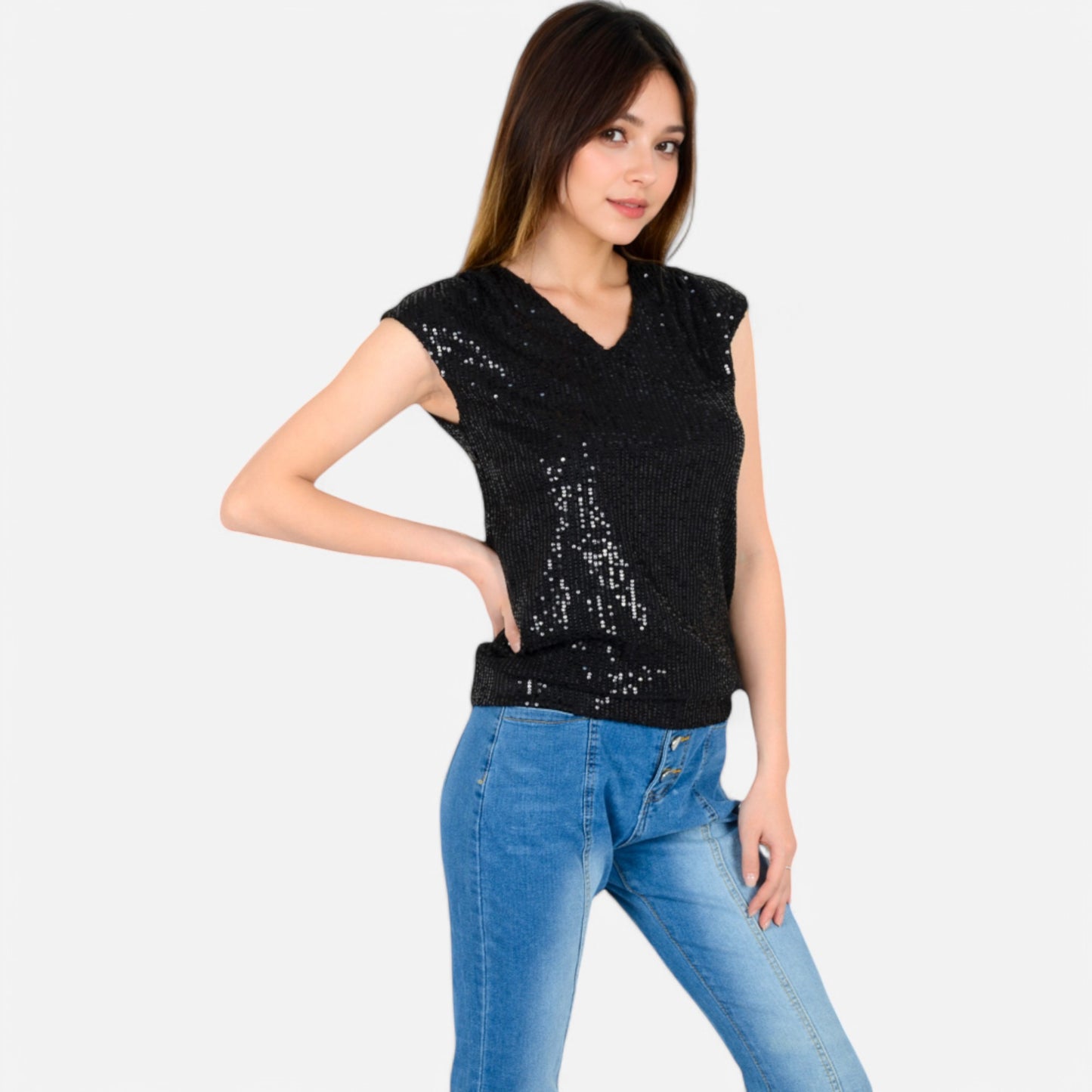 Anna-Kaci Women's Sequin V-Neck Top with Cap Sleeves and Relaxed Fit
