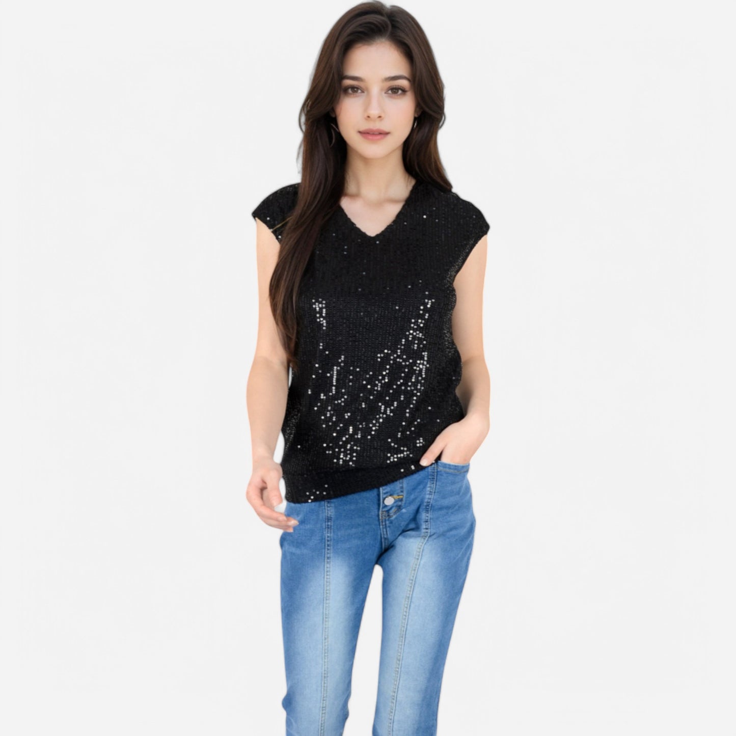 Anna-Kaci Women's Sequin V-Neck Top with Cap Sleeves and Relaxed Fit