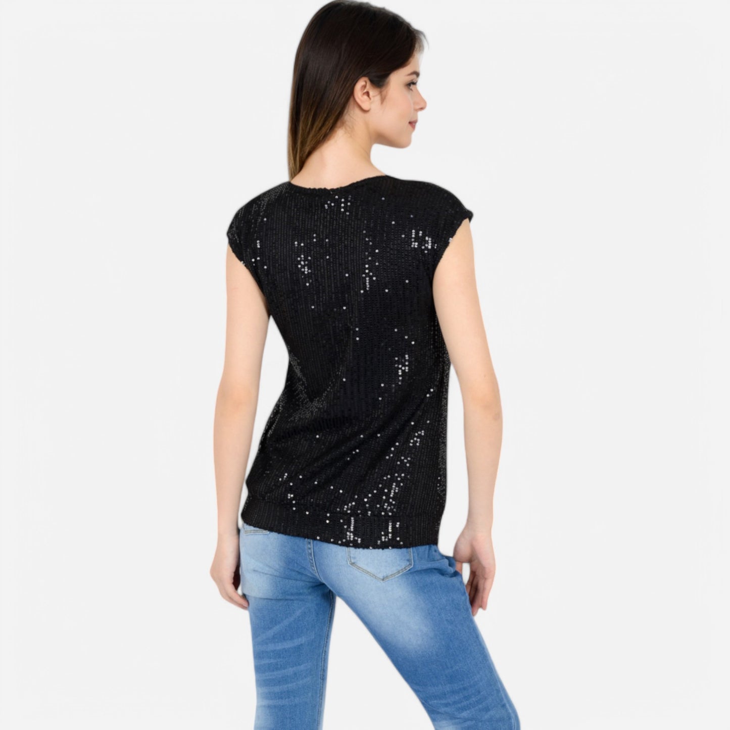 Anna-Kaci Women's Sequin V-Neck Top with Cap Sleeves and Relaxed Fit